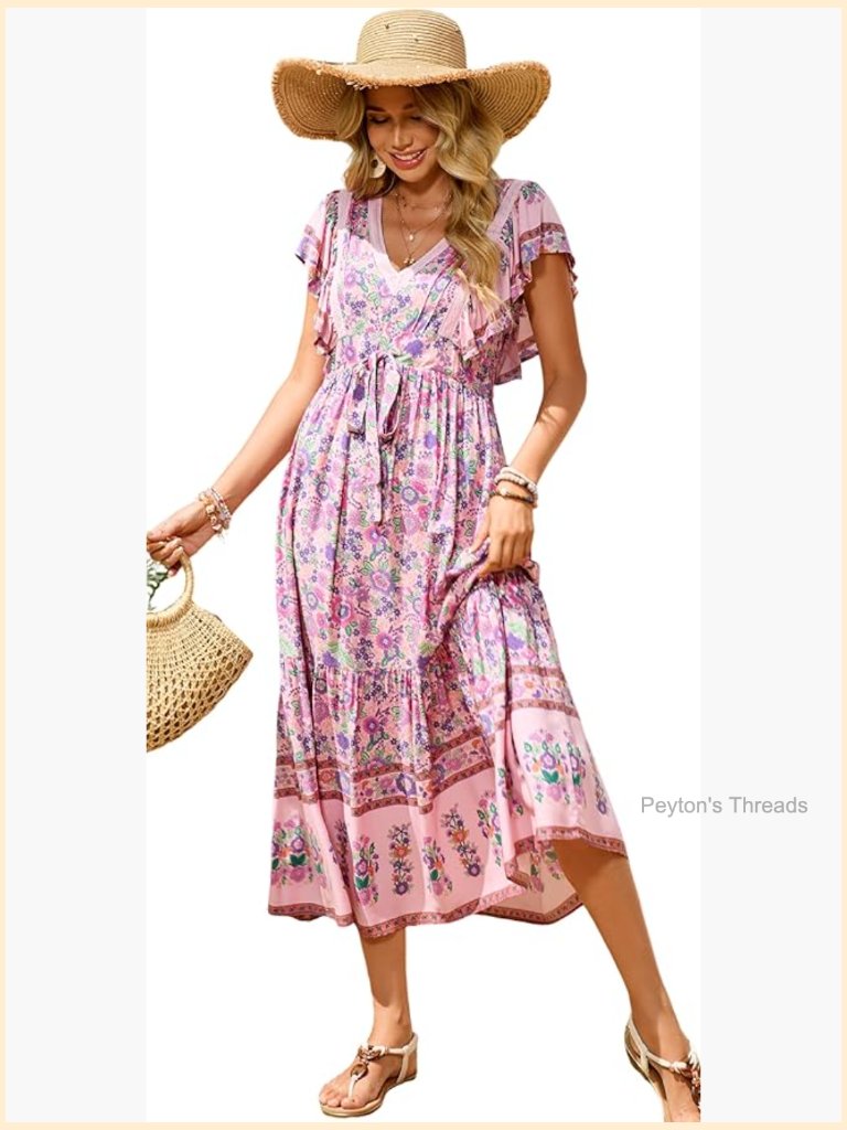 Boho Floral Print V Neck Short Sleeve Drawstring Tie Casual Flowy Midi Dress